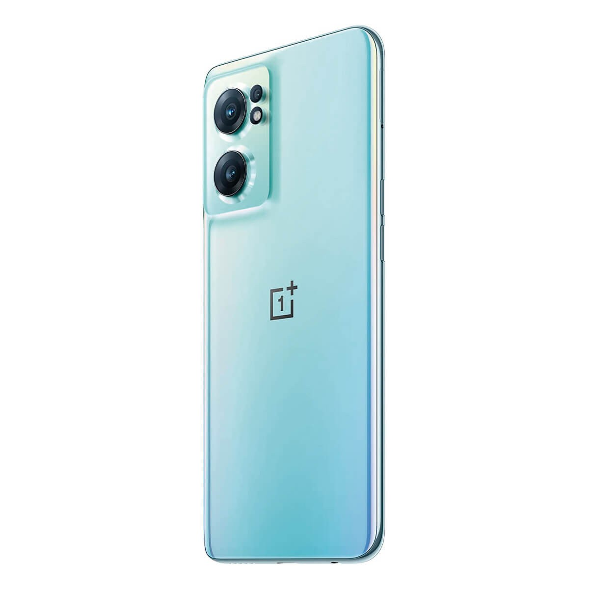 Uno smartphone azzurro con tripla fotocamera e logo OnePlus sul retro, isolato su bianco.