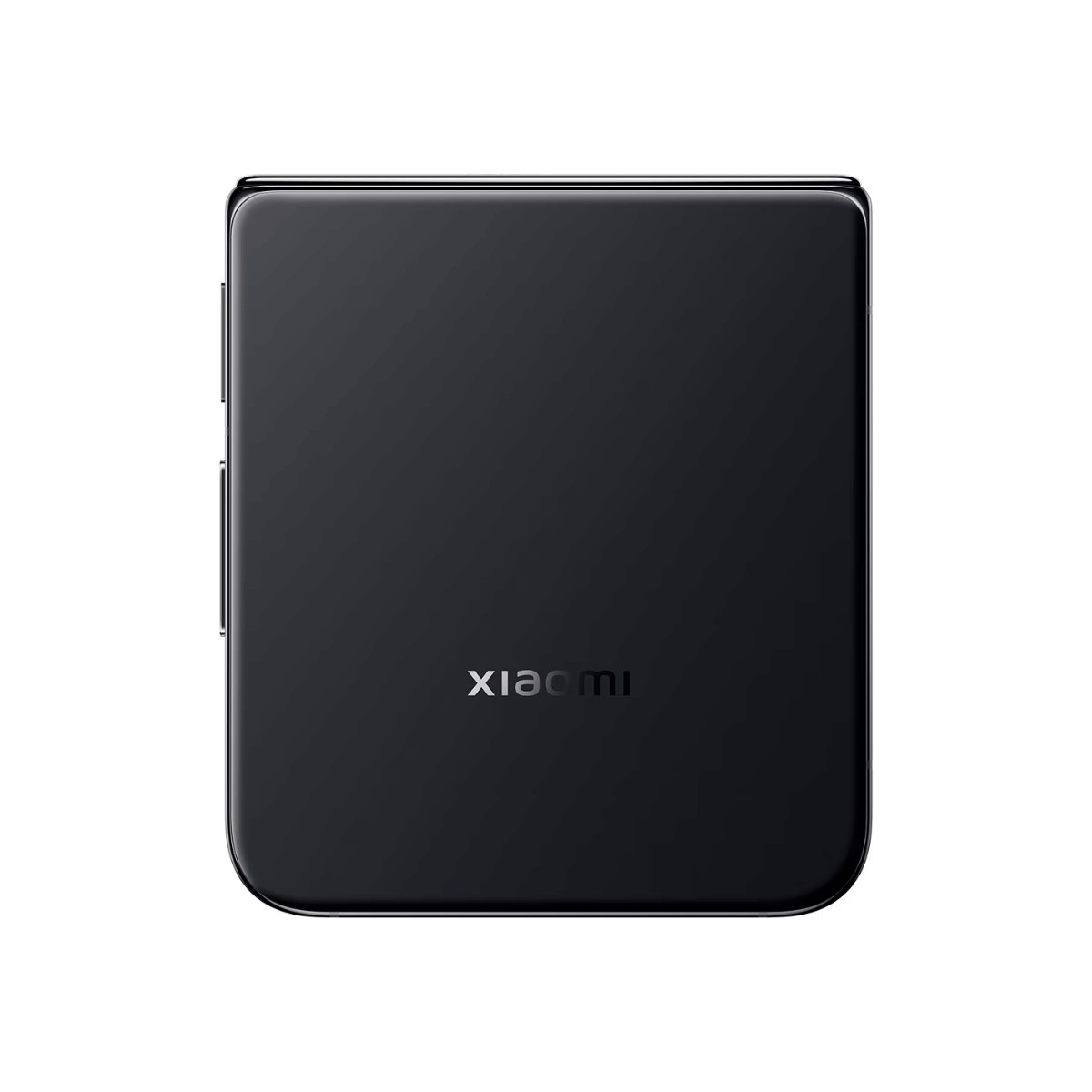 Un smartphone Xiaomi noir fermé avec un logo visible sur fond blanc.