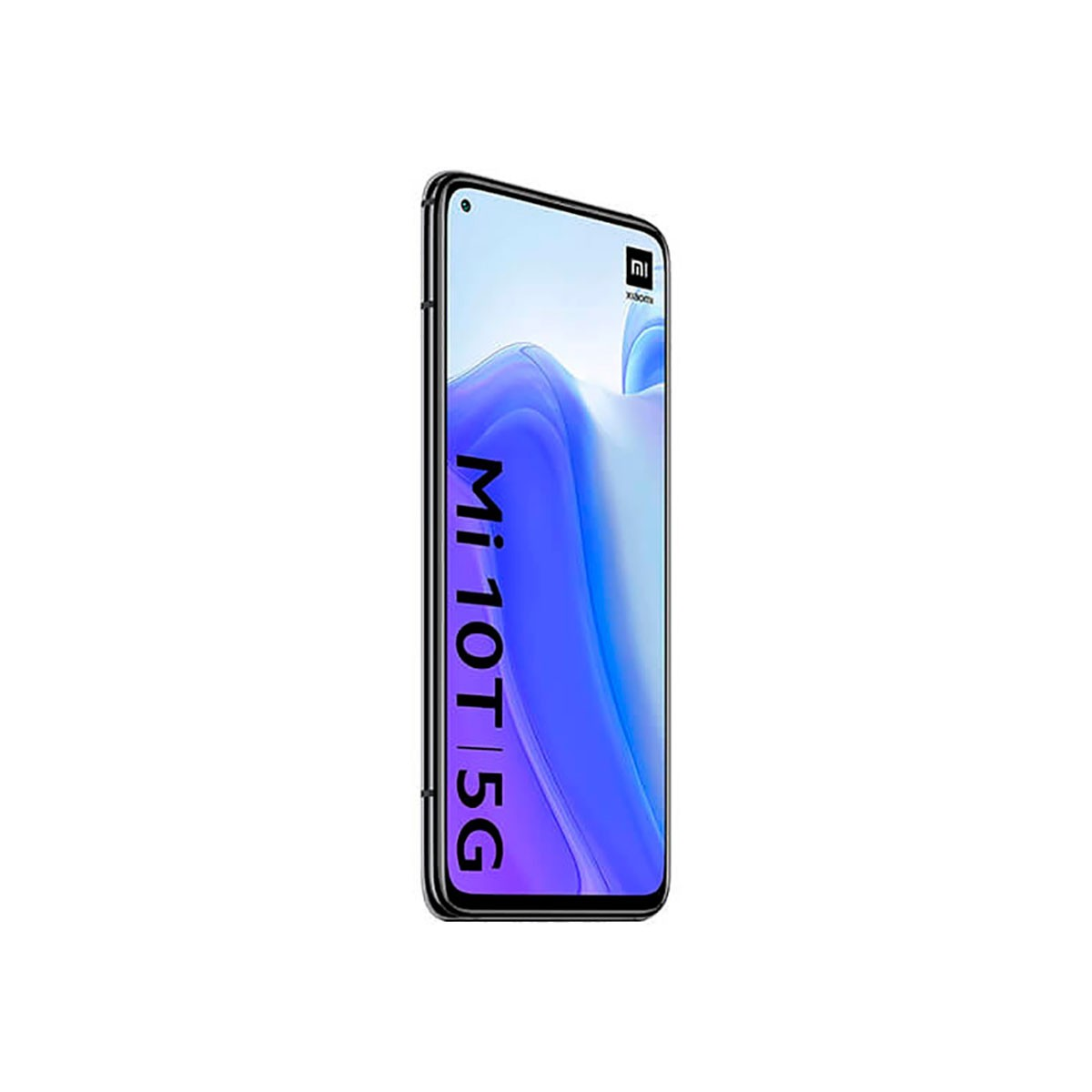 Uno smartphone Xiaomi Mi 10T 5G su sfondo bianco con uno sfondo blu sullo schermo.