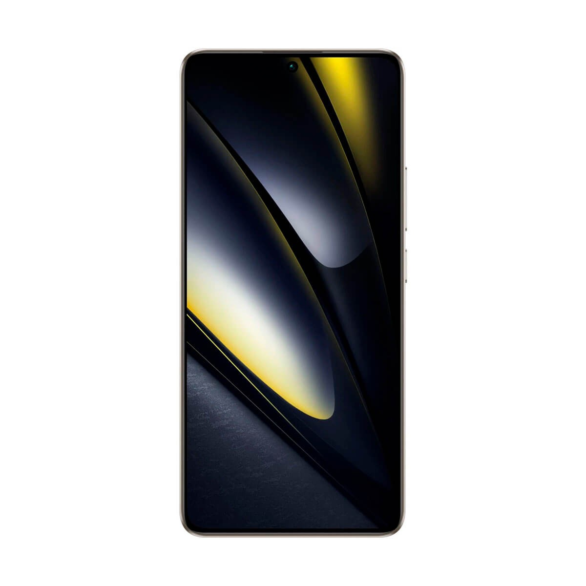 Uno smartphone con cornici sottili e uno sfondo astratto nero e giallo sullo schermo.
