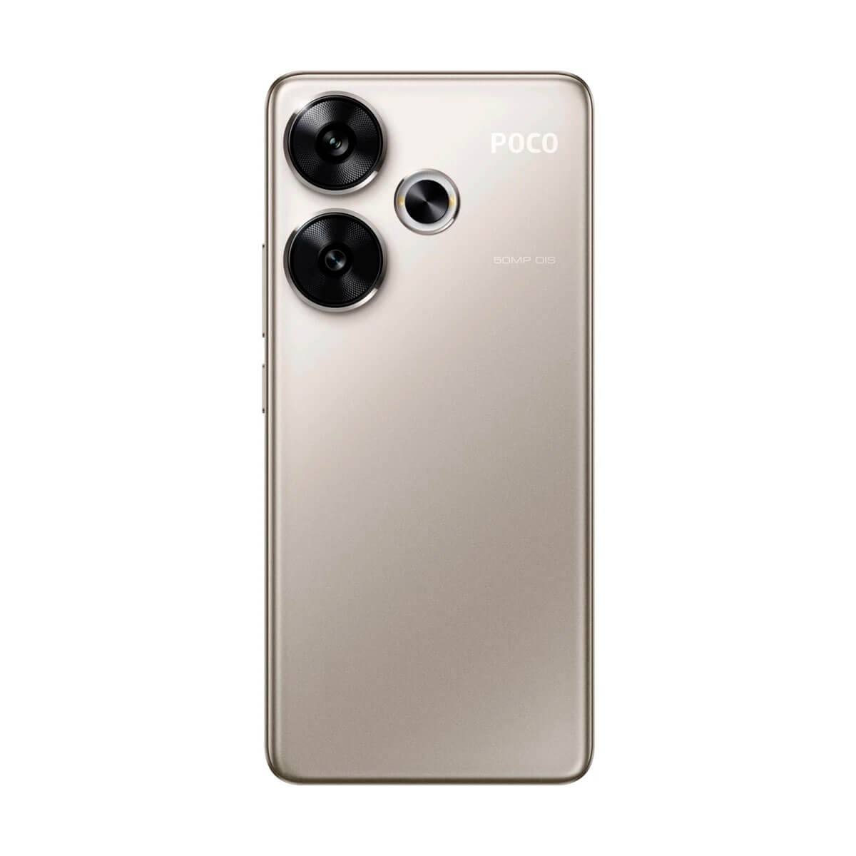 Retro di uno smartphone Poco dorato con tripla fotocamera e logo POCO.