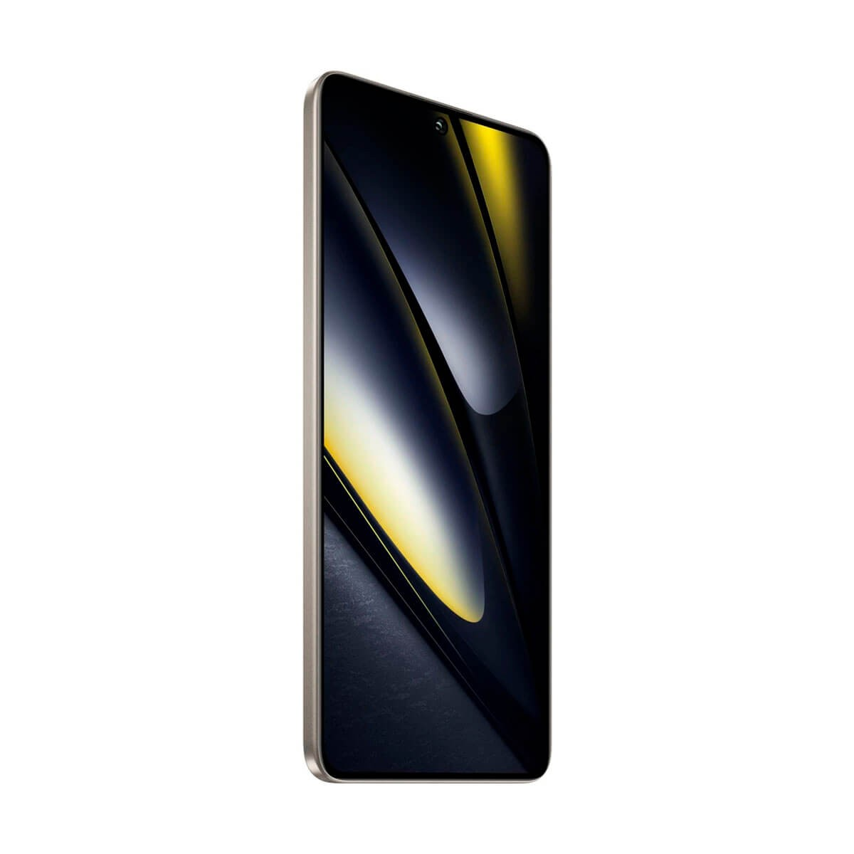 Uno smartphone con scocca curva mostra uno schermo con motivi ondulati neri e dorati.