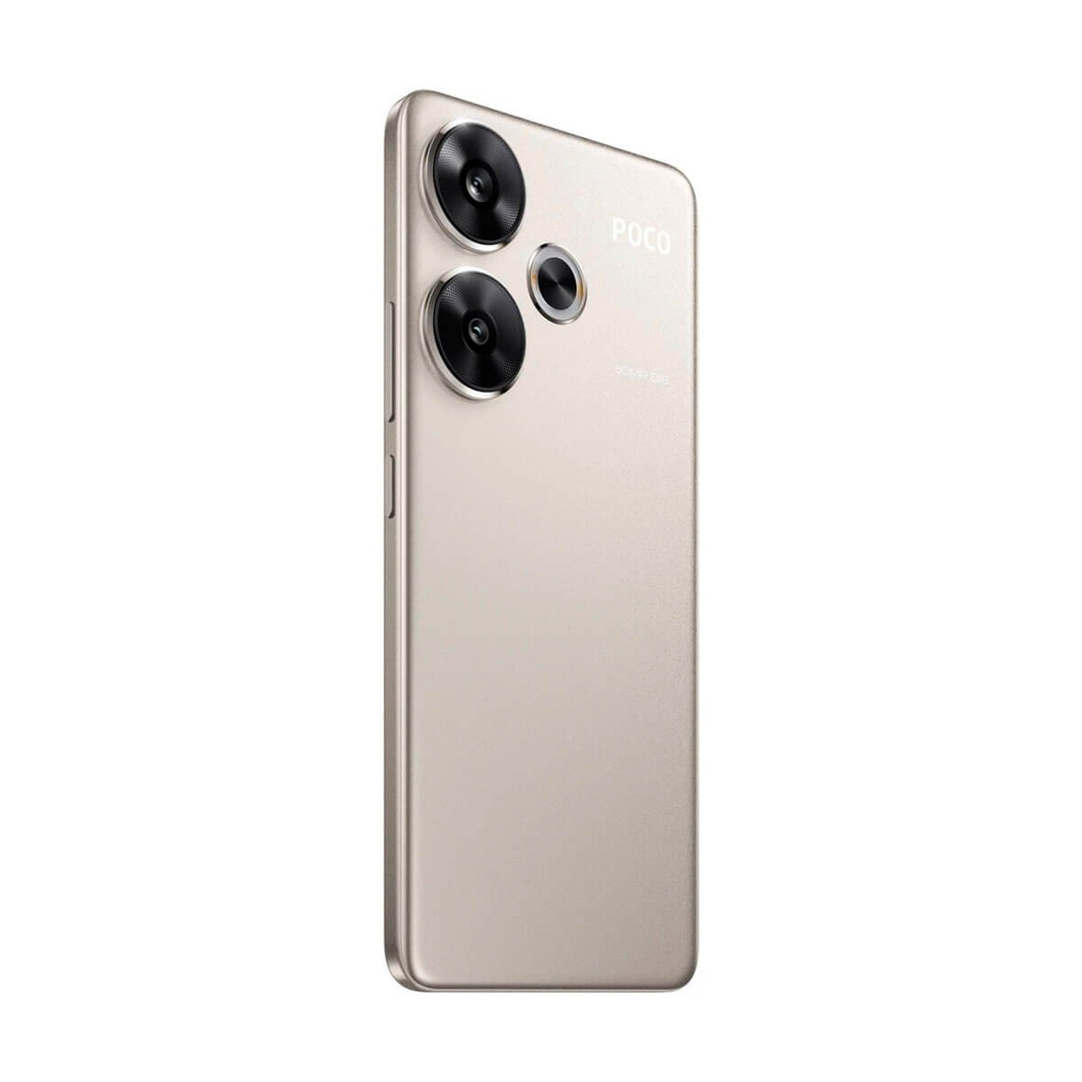 Retro di uno smartphone Poco dorato che mostra due fotocamere circolari e flash su sfondo neutro.