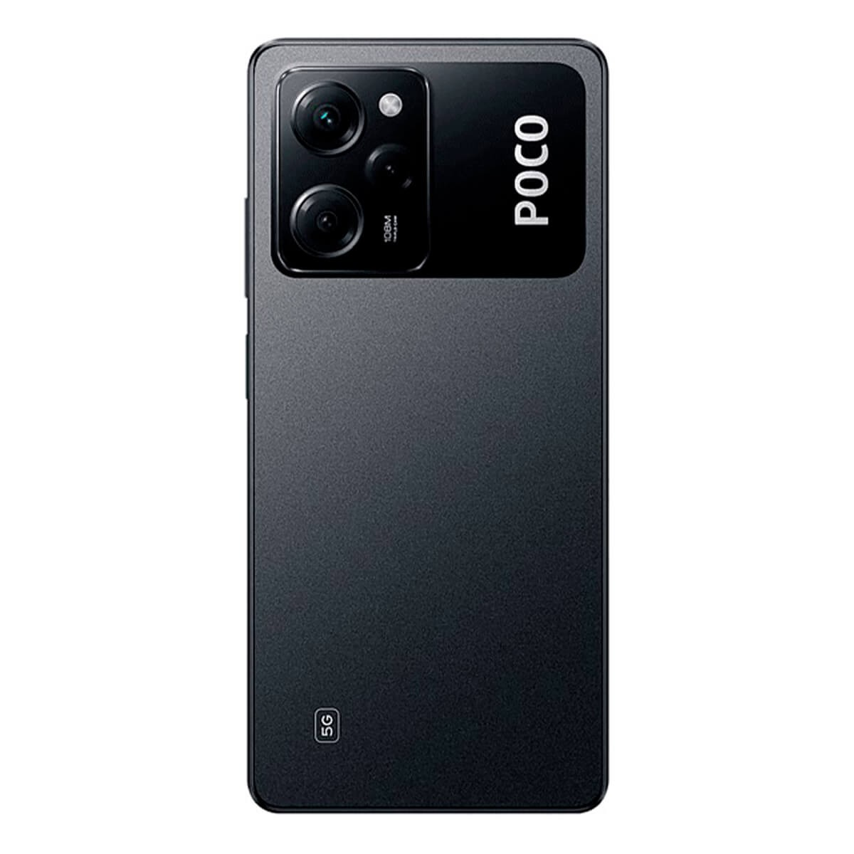 Rückseite eines schwarzen Poco-Smartphones mit rechteckigem Kameramodul und weißem Logo.