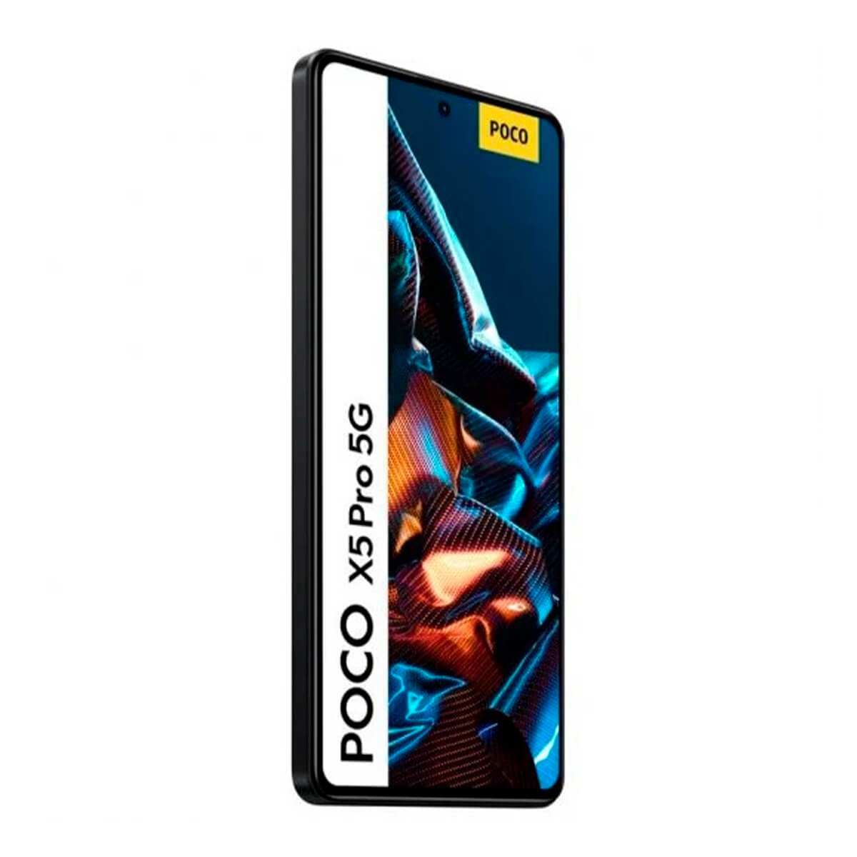 Das Poco X5 Pro 5G Smartphone in Schwarz zeigt ein buntes Display mit dem POCO-Logo.