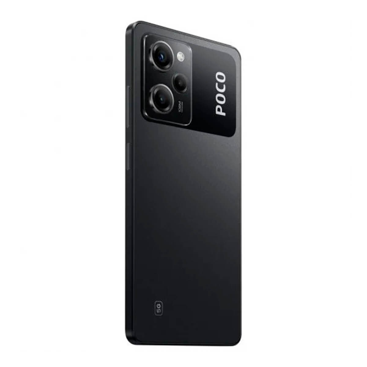Ein schwarzes Poco-Smartphone zeigt die Rückseite mit Dual-Kamera und Markenlogo.