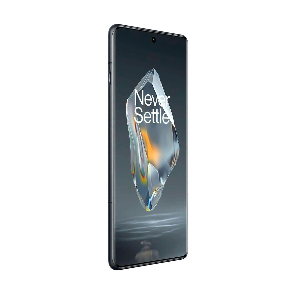 Un teléfono inteligente con marco oscuro muestra el lema Never Settle y un diseño de cristal colorido en la pantalla.