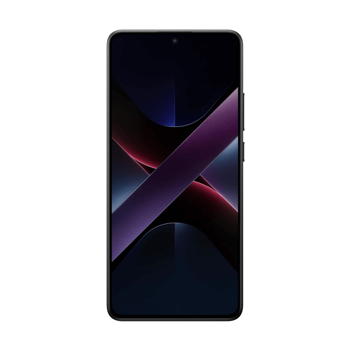 Uno smartphone nero con una grafica astratta viola e rossa sullo schermo illuminato.