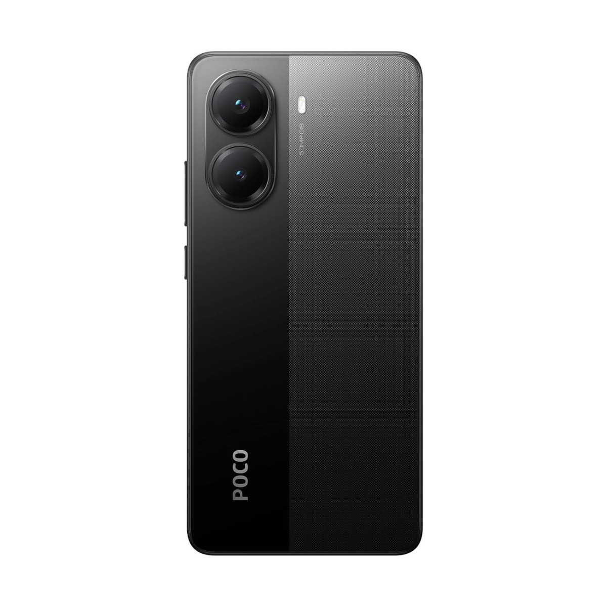 Retro di uno smartphone Poco nero con due fotocamere verticali e il logo POCO in basso a sinistra.