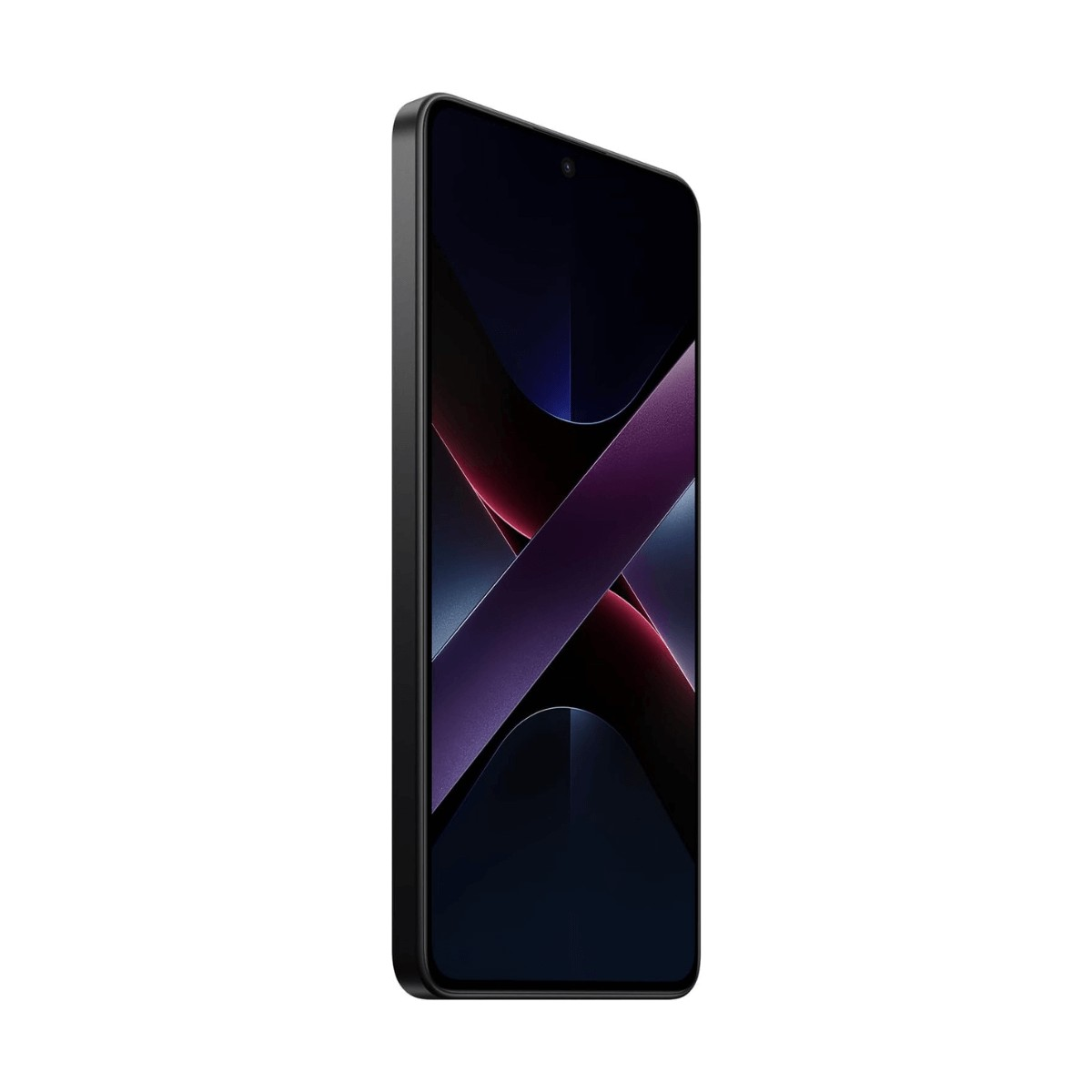 Uno smartphone nero mostra uno schermo con strisce di luce astratte rosse e blu su uno sfondo scuro.