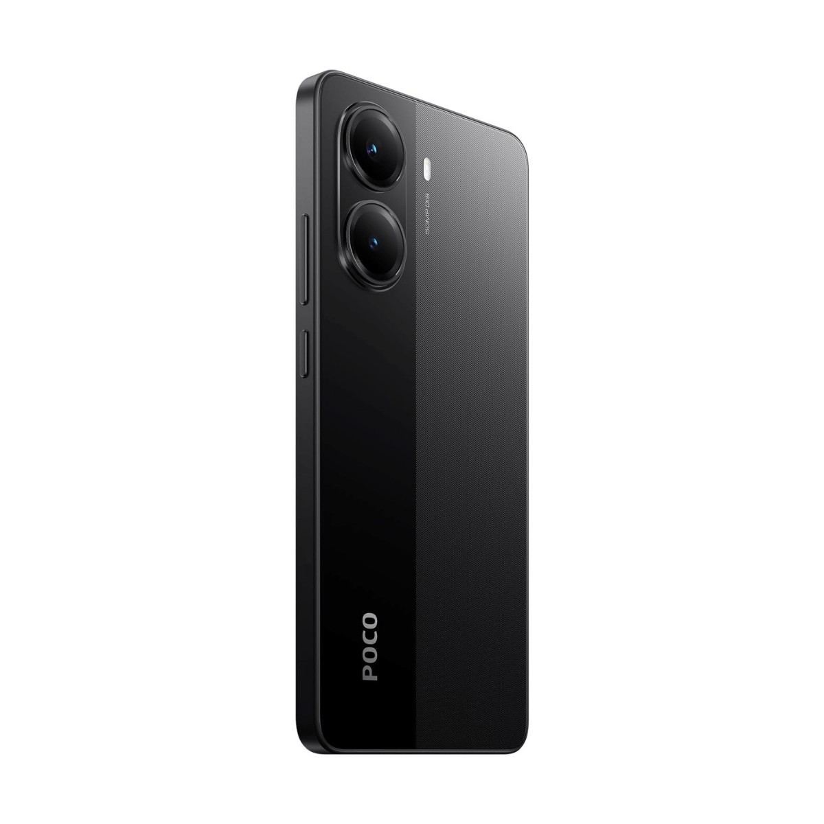Retro di uno smartphone Poco nero con due fotocamere verticali e logo del marchio.