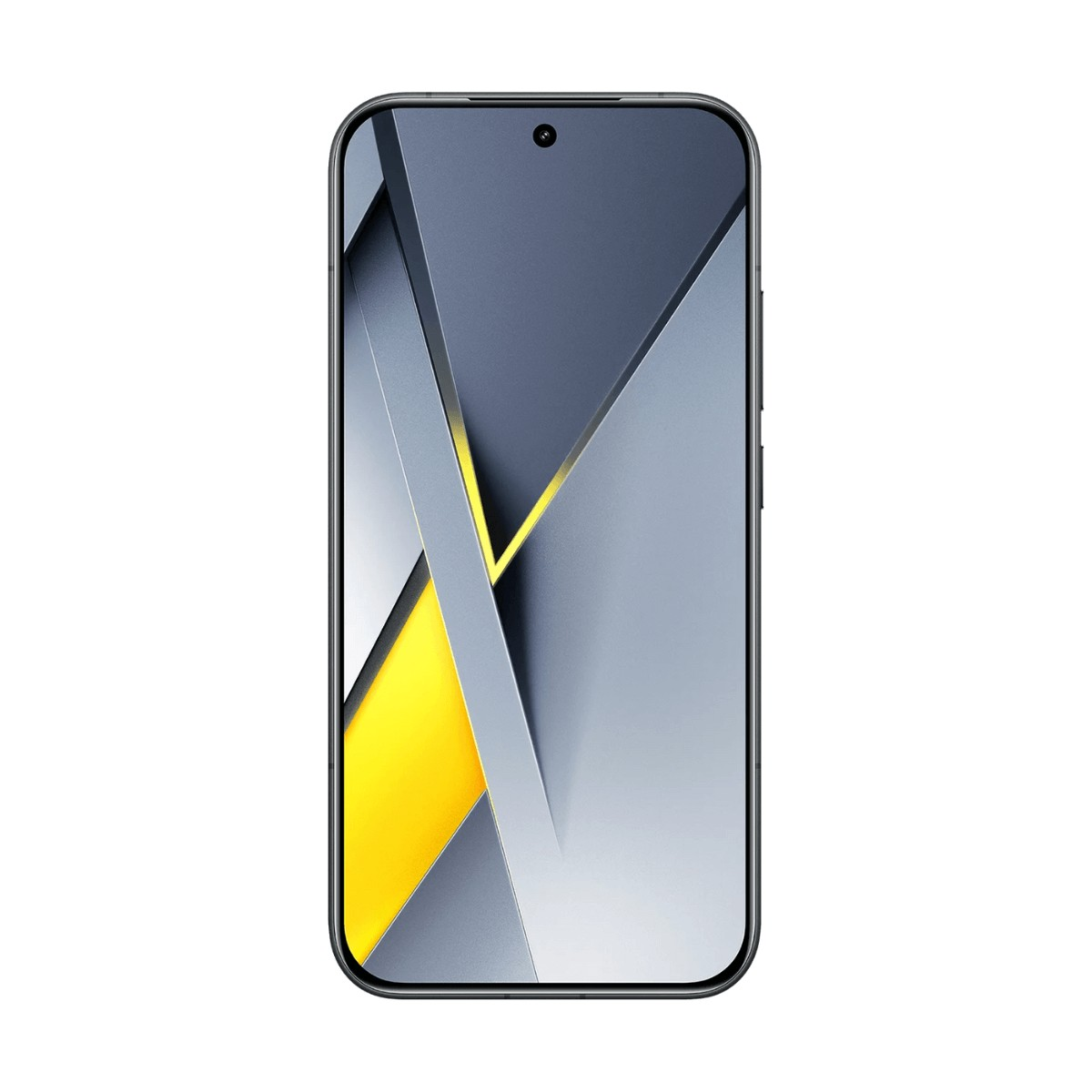Uno smartphone con angoli arrotondati mostra uno schermo con motivi geometrici grigi e gialli.
