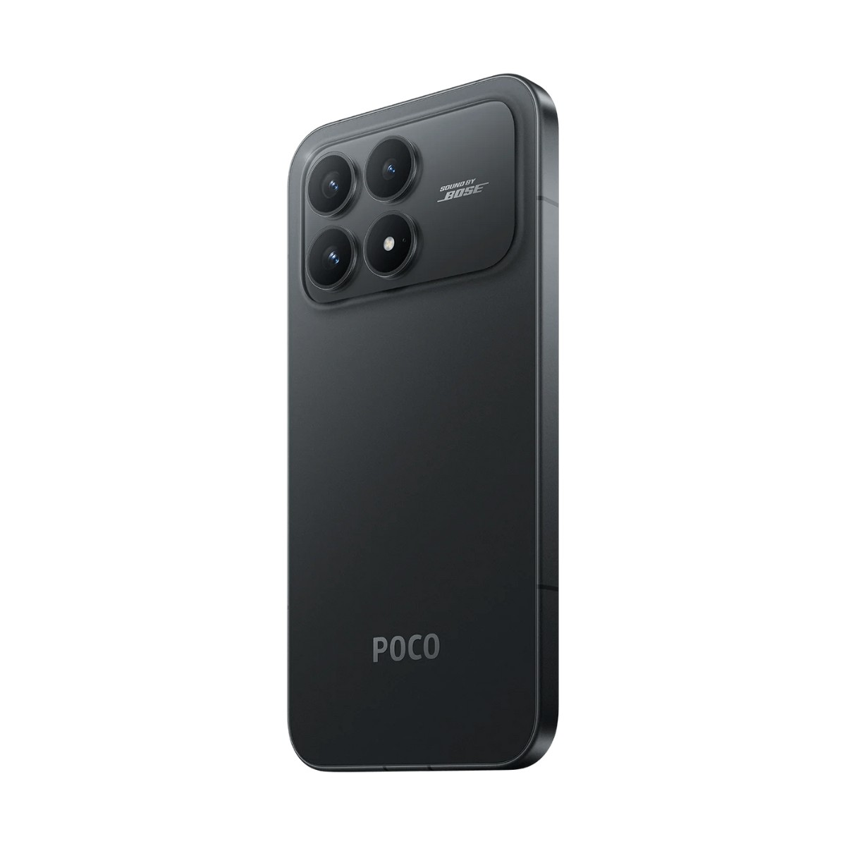 Uno smartphone Poco nero visto dal retro, che mostra un modulo a quattro fotocamere e il logo Poco.