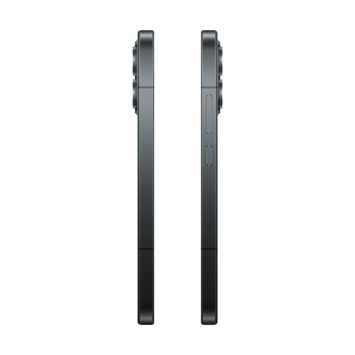 Due viste del profilo laterale di uno smartphone grigio scuro con tasti volume e accensione su sfondo bianco.