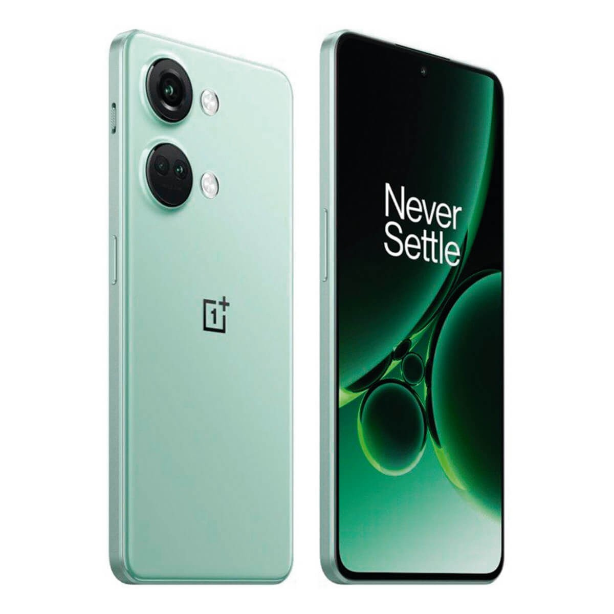Smartphone vert de dos et de face affichant le texte Never Settle à l'écran.