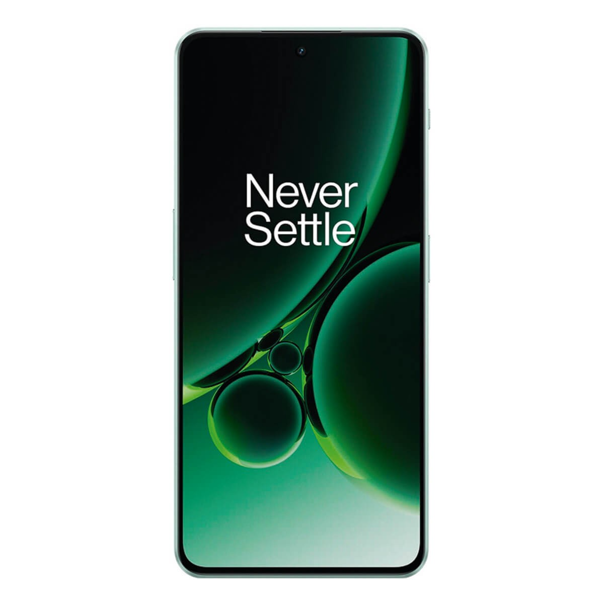 Un smartphone avec un fond vert affiche le texte Never Settle sur son écran.