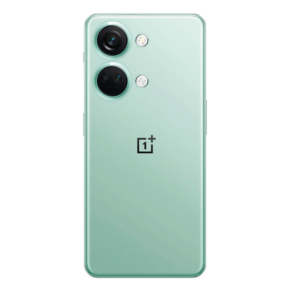 Dos d'un smartphone OnePlus vert menthe avec deux anneaux de caméra verticaux et un logo noir au centre.