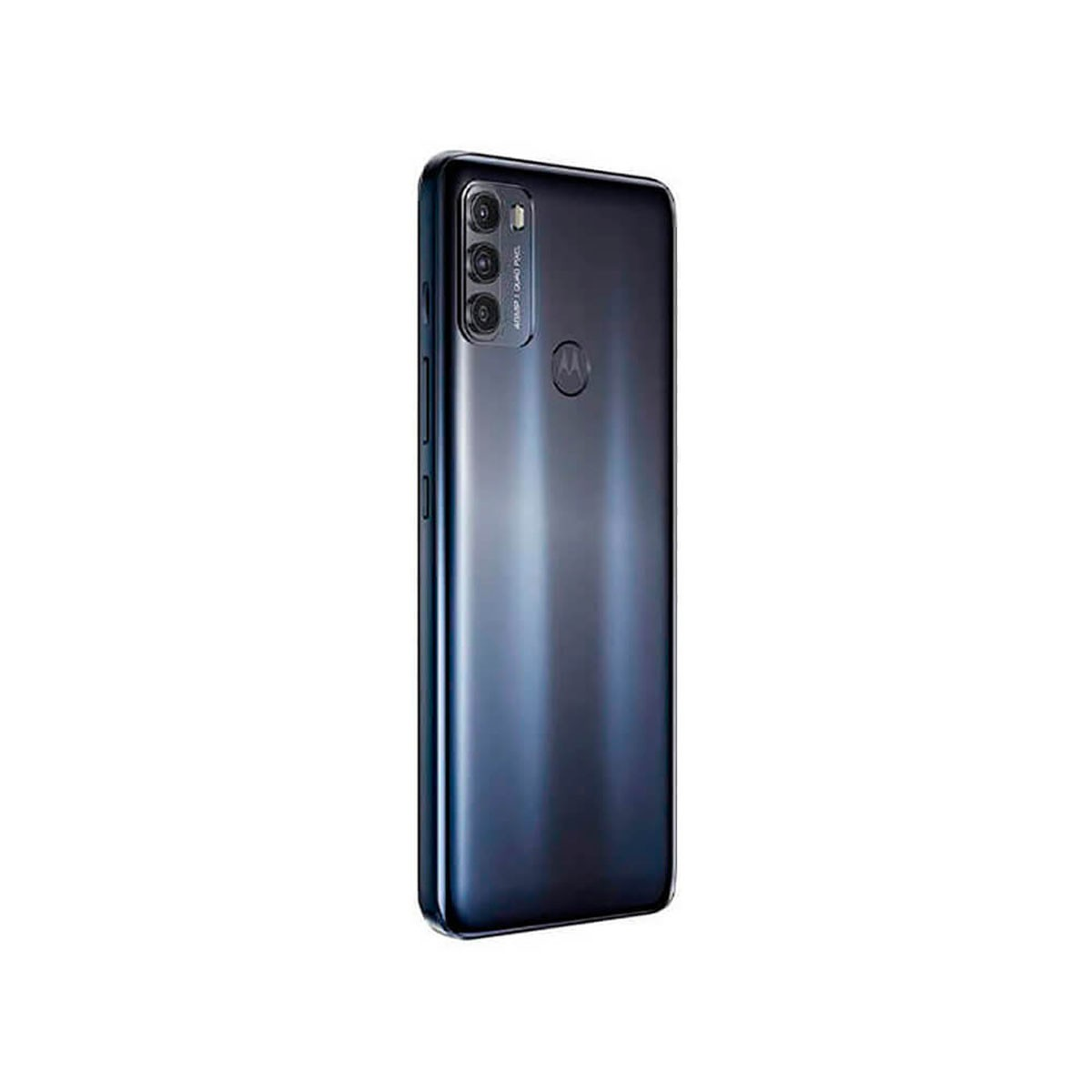 De achterkant van een donkere smartphone met een verticale drievoudige camera en het Motorola-logo.