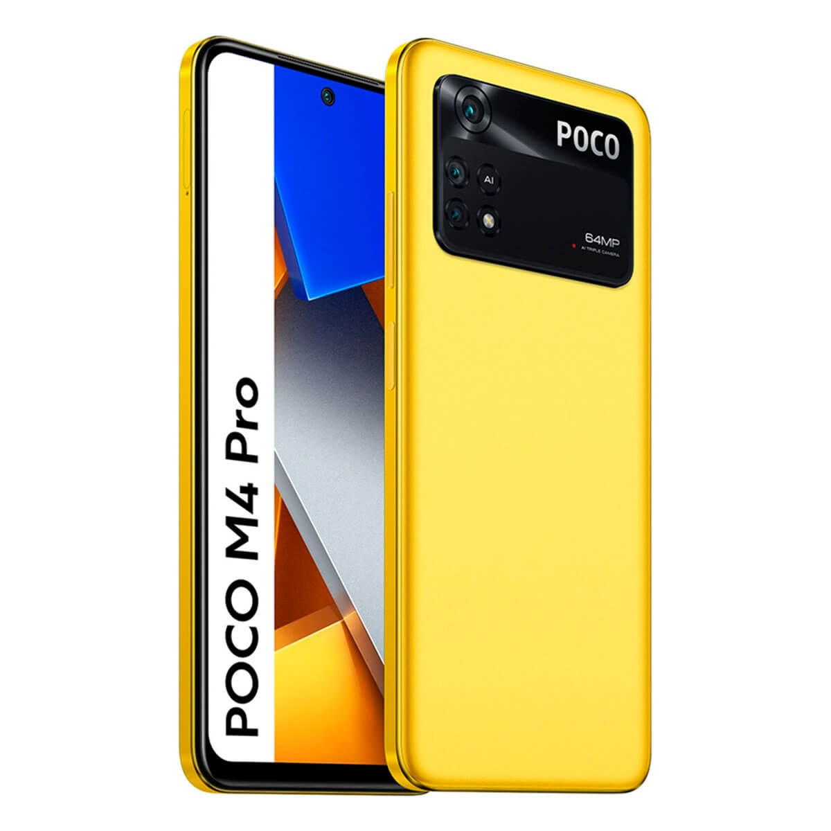 Zwei gelbe Poco M4 Pro Smartphones mit Vorder- und Rückansicht vor weißem Hintergrund.