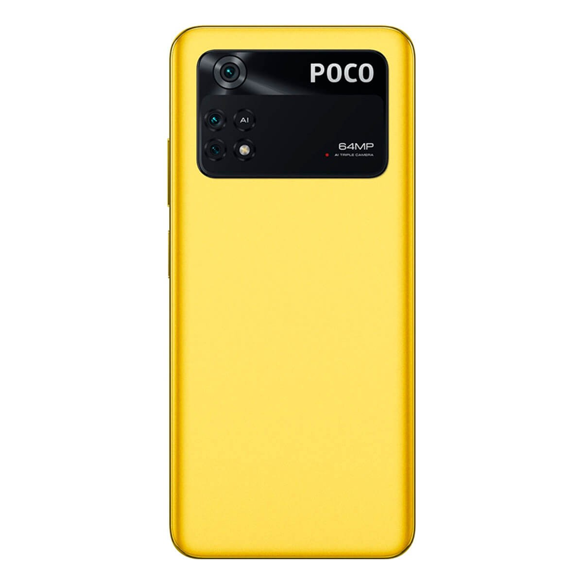 Rückseite eines gelben POCO-Smartphones mit dreifacher 64MP-Kamera und schwarzem Kameramodul.