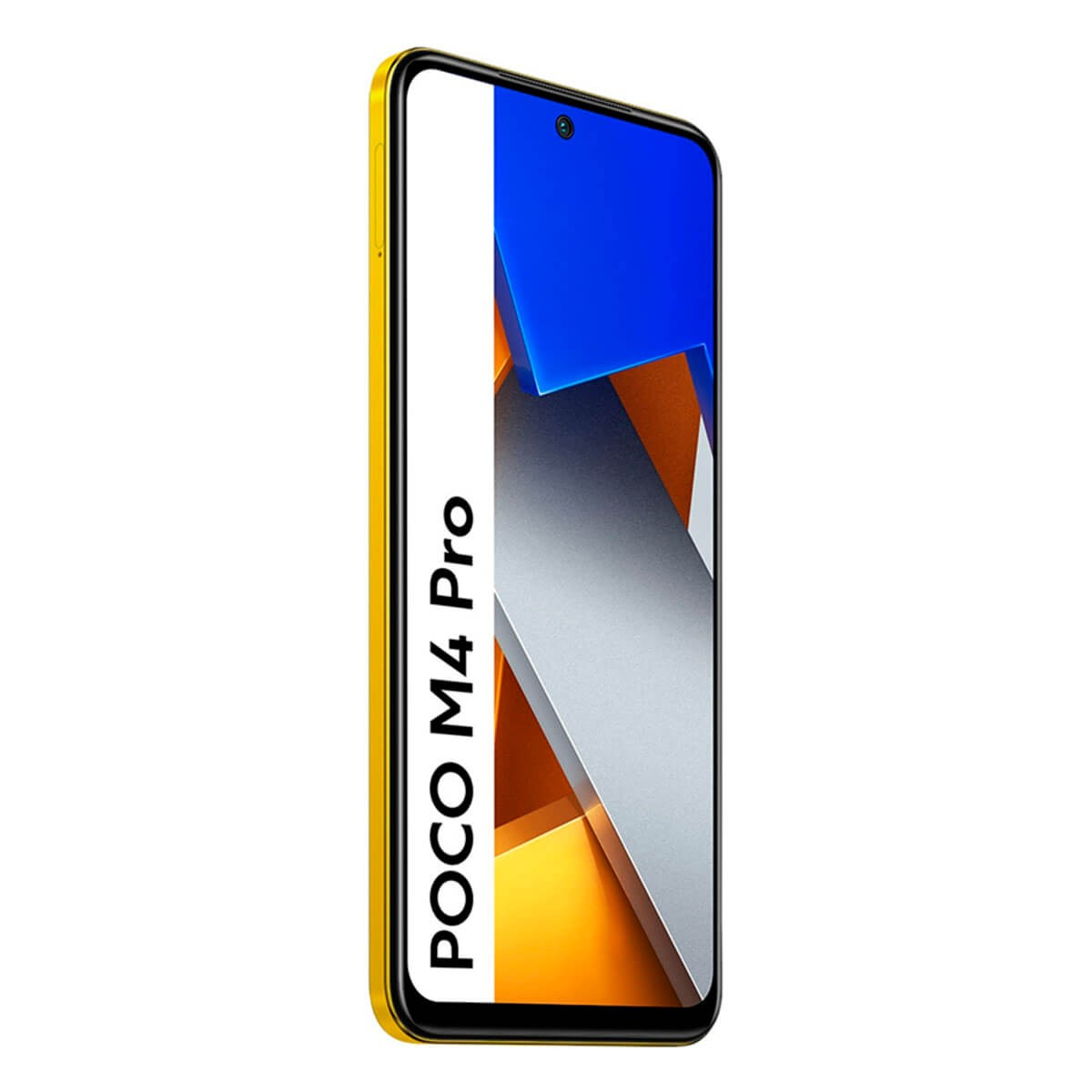 Ein gelbes POCO M4 Pro Smartphone, leicht nach links geneigt, zeigt ein buntes Hintergrundbild.