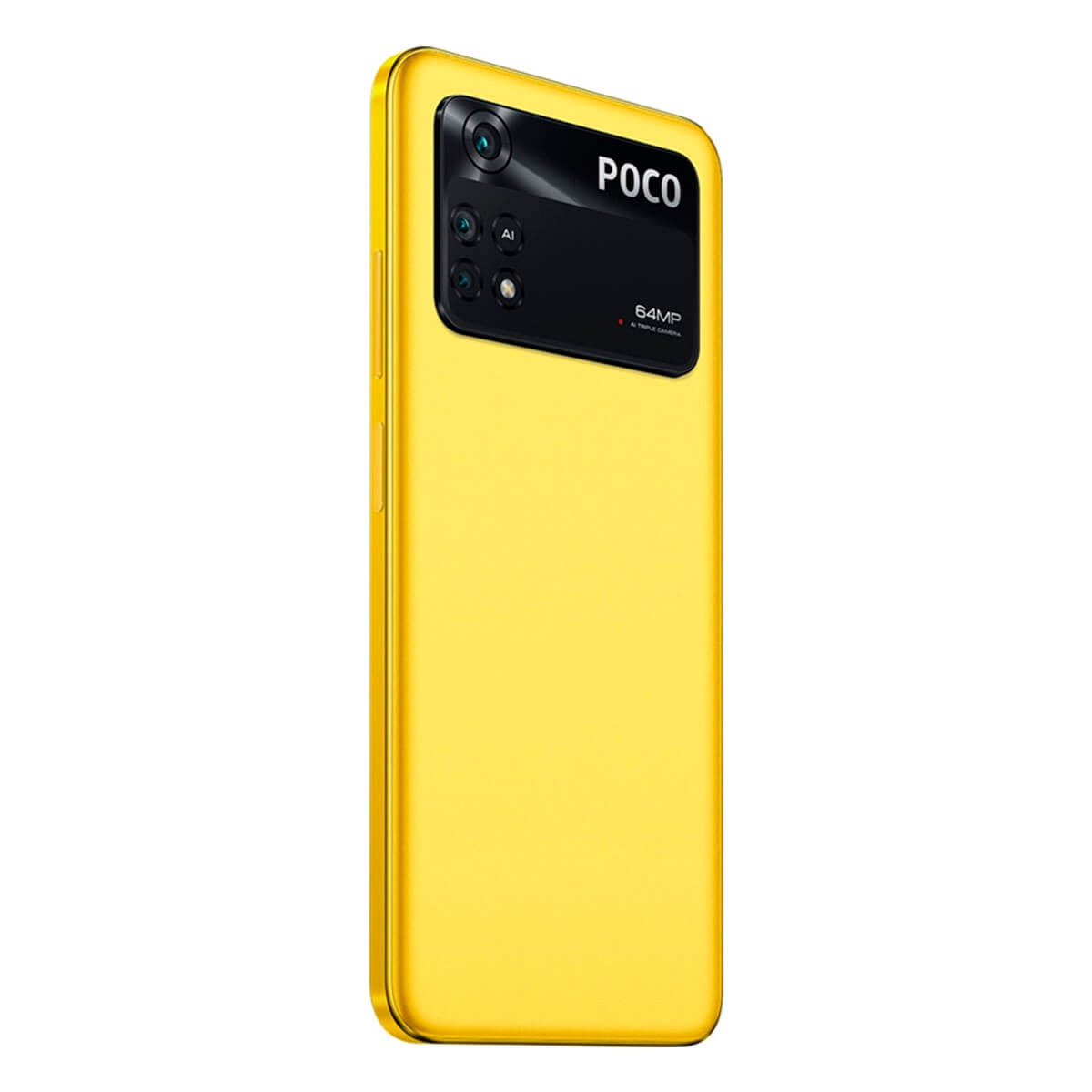 Ein gelbes POCO-Smartphone zeigt seine Rückseite mit Triple-Kamera und schwarzem Modul.