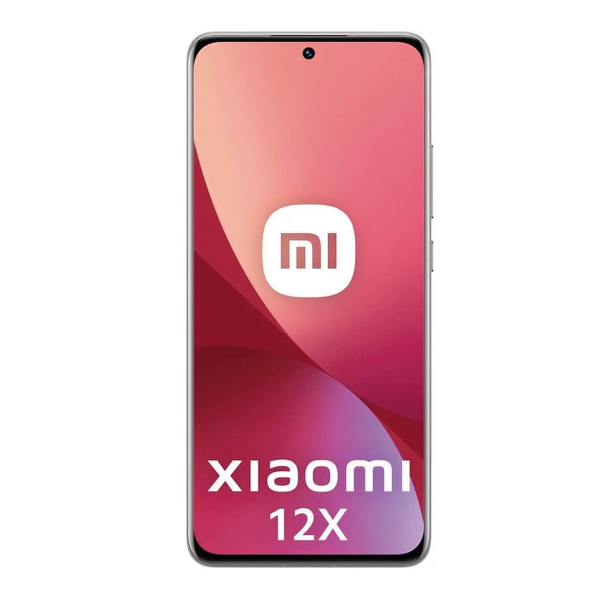 Uno smartphone Xiaomi 12X mostra il logo Mi su sfondo rosa e rosso con il nome del marchio.