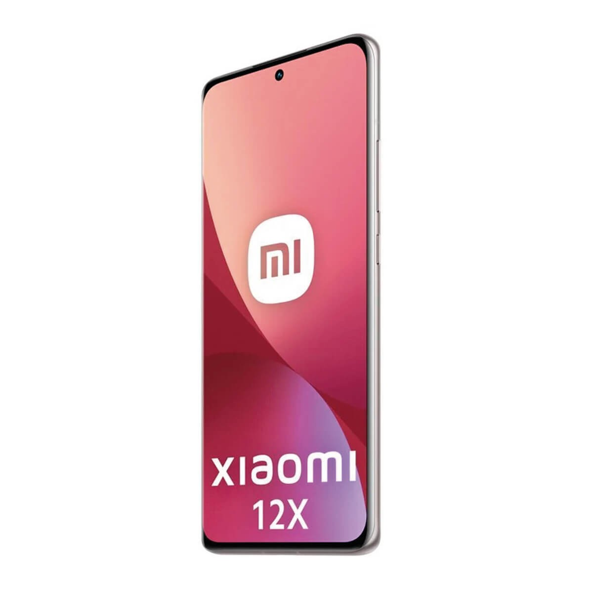 Uno smartphone Xiaomi 12X è posizionato verticalmente su sfondo bianco, mostrando il logo MI sullo schermo.