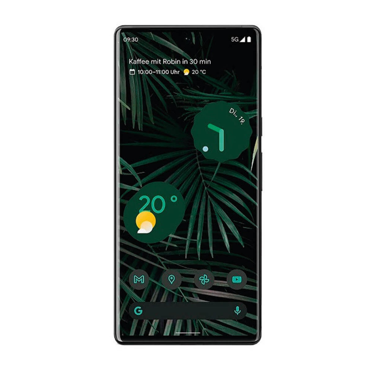 Smartphone con sfondo di foglie verdi, widget orologio, meteo e icone di app nella schermata iniziale.