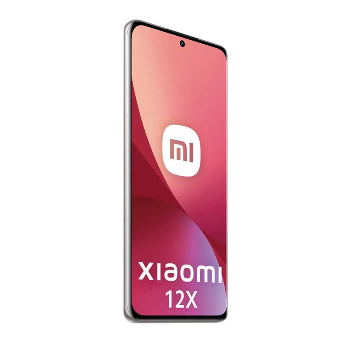 Uno smartphone Xiaomi 12X argento leggermente inclinato su sfondo bianco, display attivo con logo.