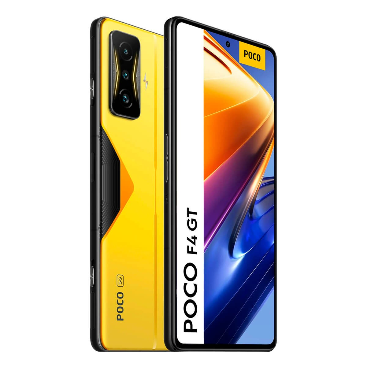Gelbes POCO F4 GT Smartphone mit schwarzem Kameramodul auf der Rückseite und eingeschaltetem Display.