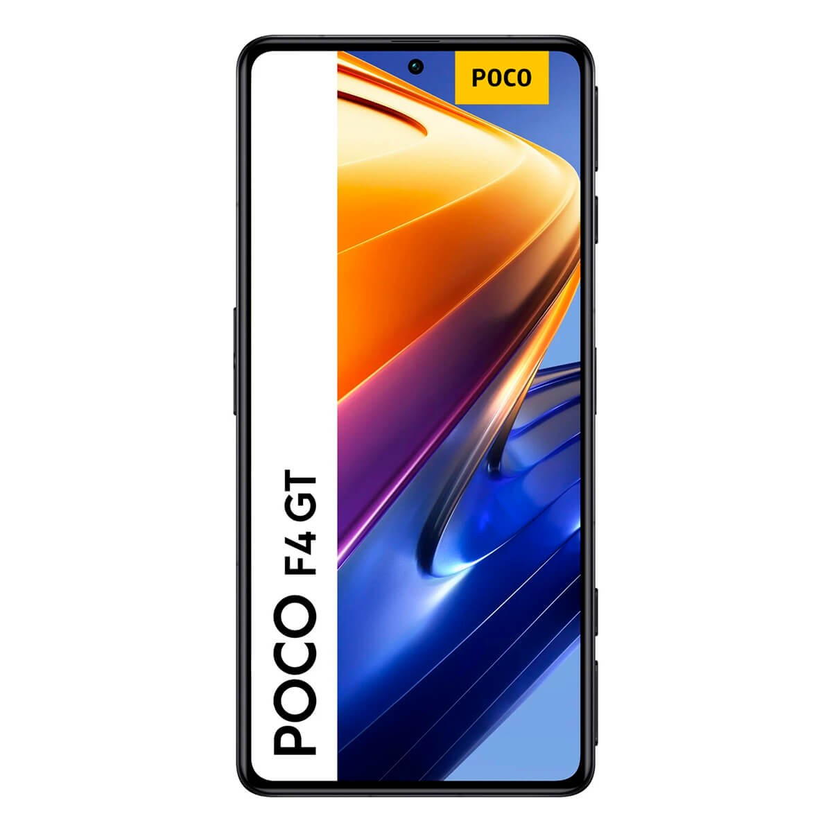 Ein Poco F4 GT Smartphone zeigt einen bunten Startbildschirm und den Schriftzug POCO.