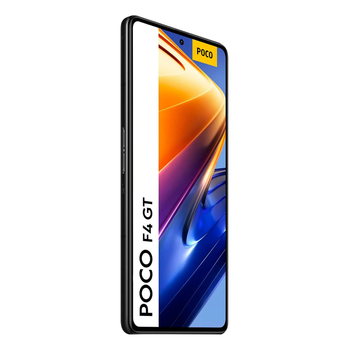 Ein schwarzes POCO F4 GT Smartphone mit einer bunten Hintergrundgrafik und dem Markenlogo auf dem Bildschirm.