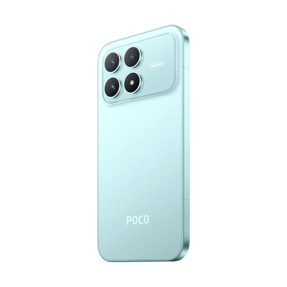 Retro di uno smartphone azzurro con quattro obiettivi fotografici e il logo POCO in basso.