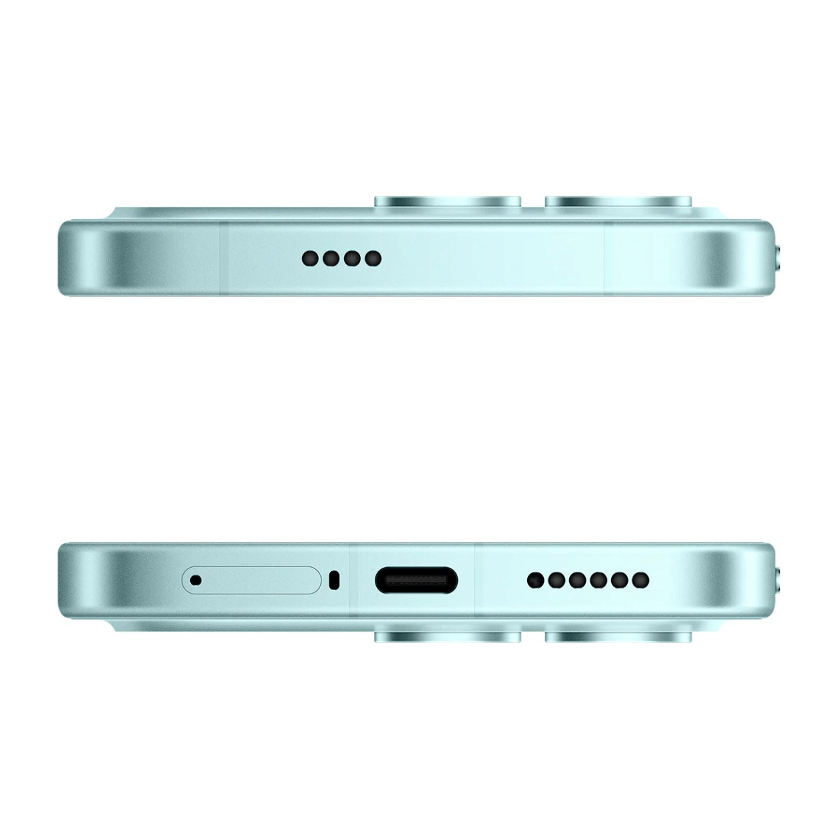 Lati inferiore e superiore di uno smartphone azzurro con porta USB-C, altoparlanti e carrello SIM.