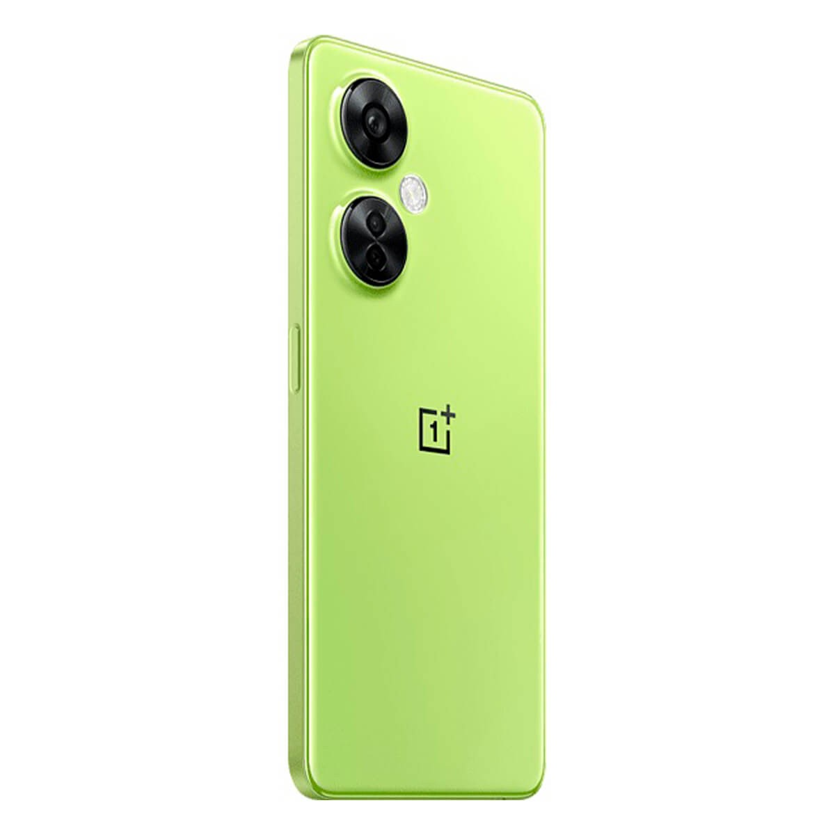 Vista posteriore di uno smartphone OnePlus verde chiaro con due fotocamere e il logo della marca.