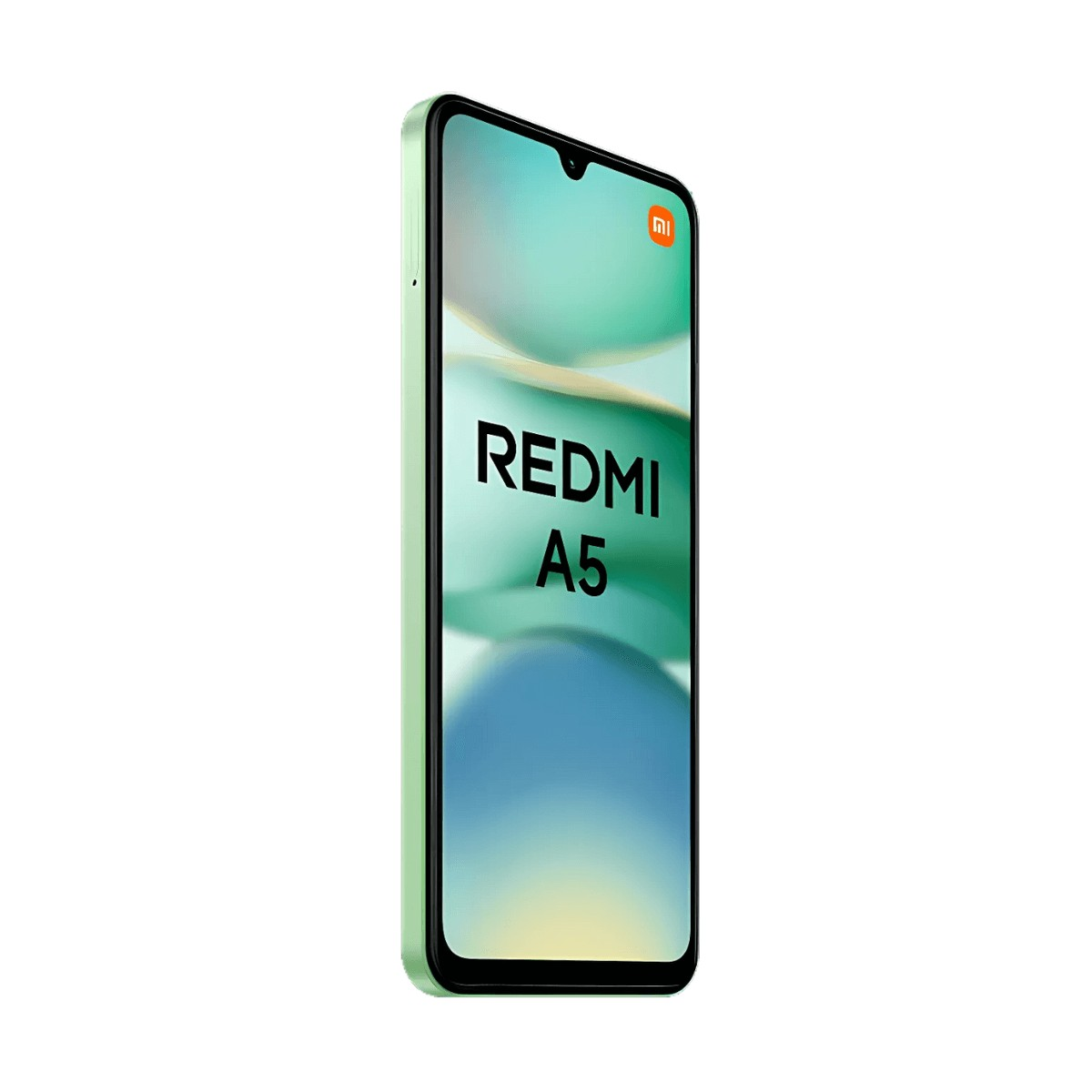 Uno smartphone Redmi A5 verde chiaro con schermo piatto e la scritta Redmi A5 sul display.