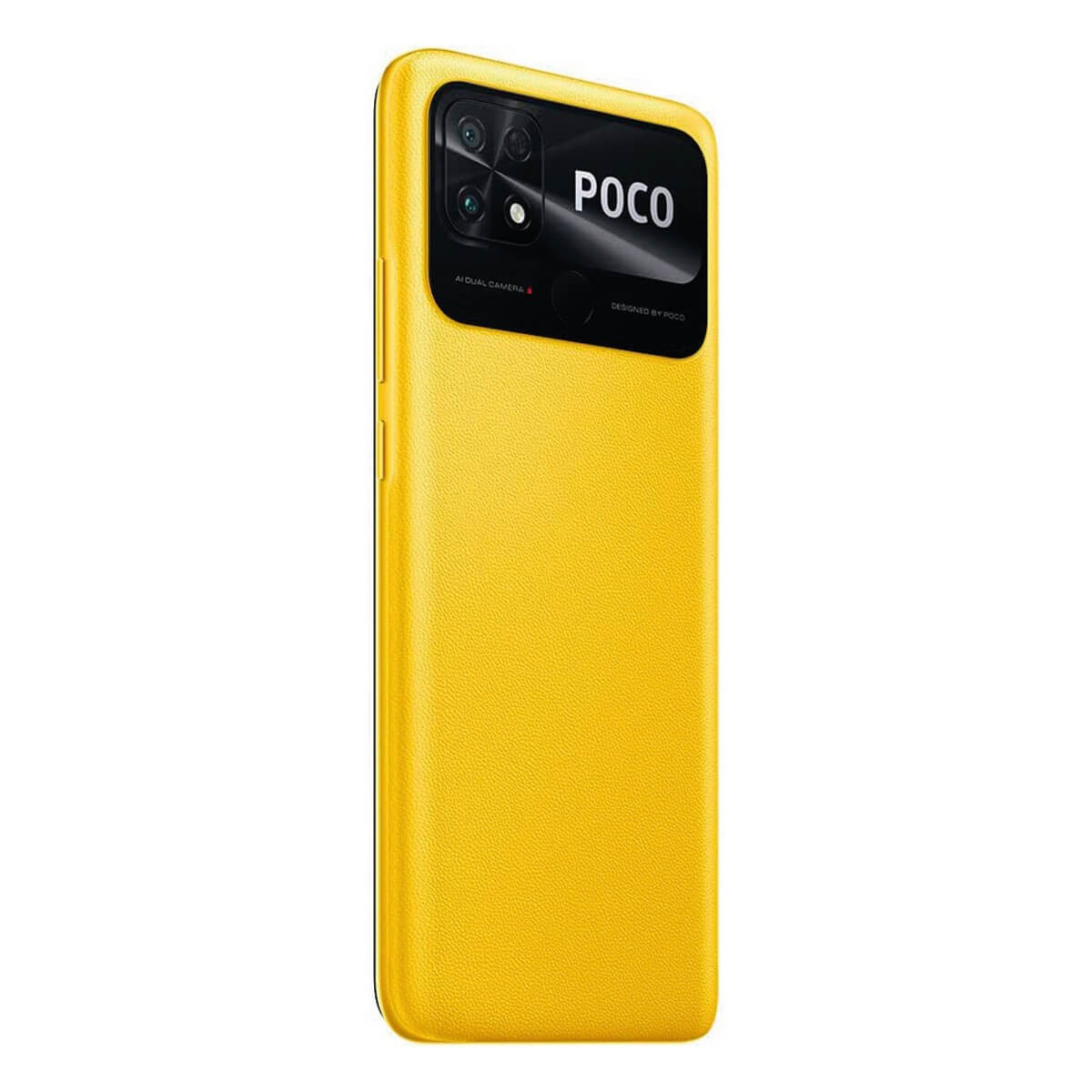 Smartphone giallo con retro in pelle testurizzata e un grande modulo fotocamera nero in alto.