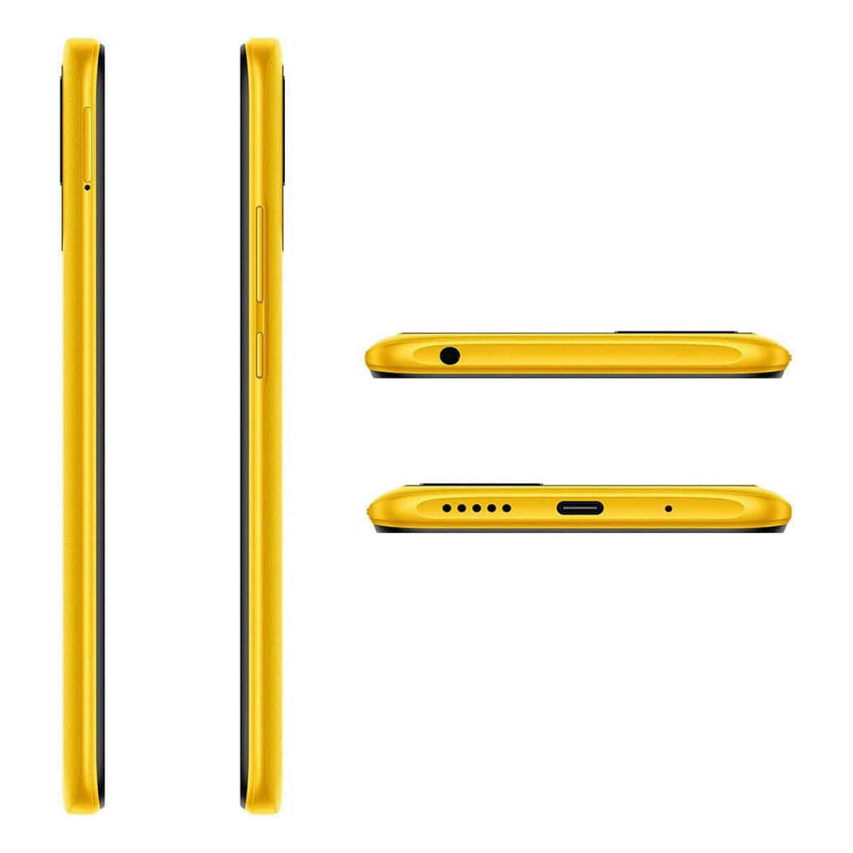 Smartphone giallo mostrato da tutte e quattro le angolazioni laterali su sfondo bianco.