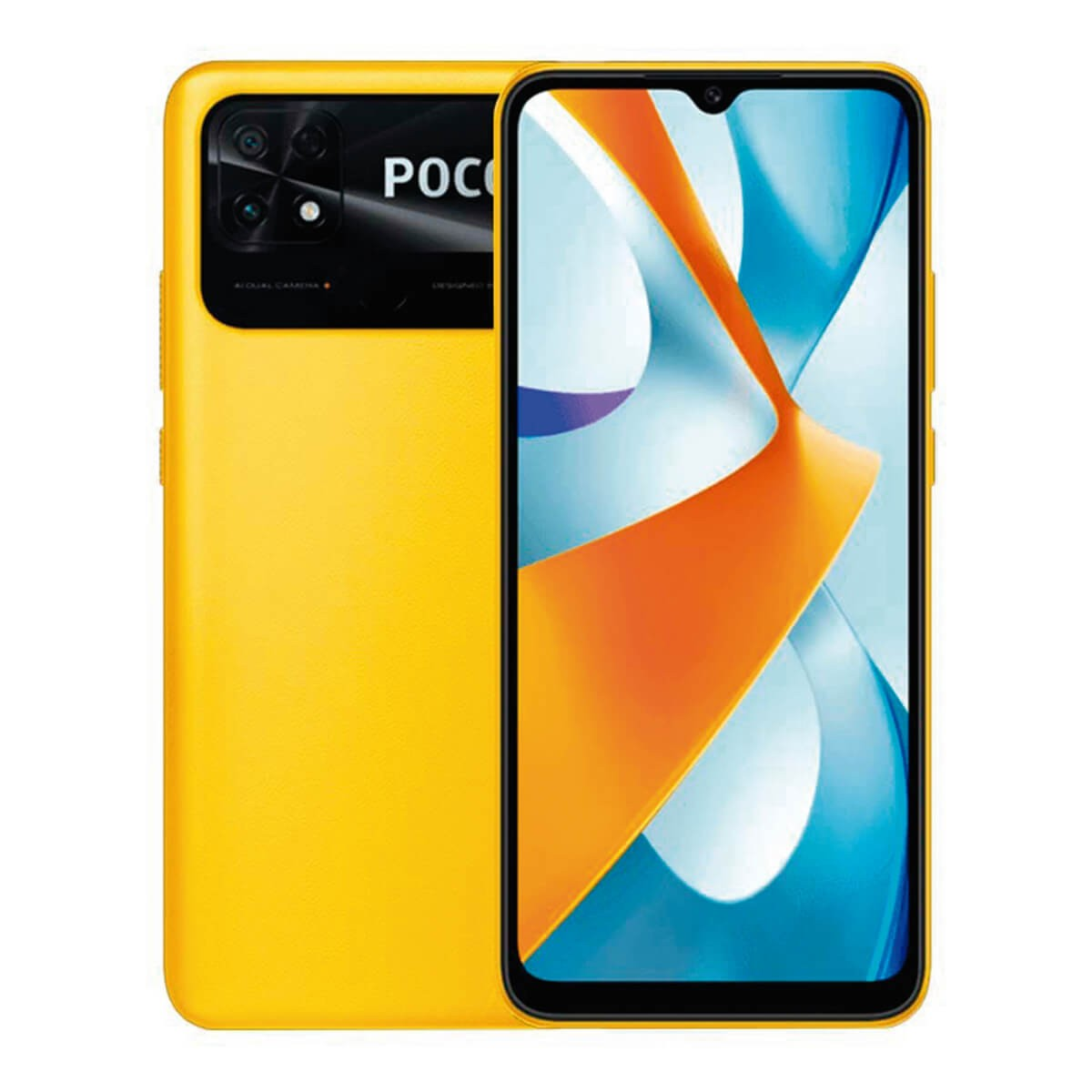 Vista frontale e posteriore di uno smartphone giallo con fotocamera e display colorato.