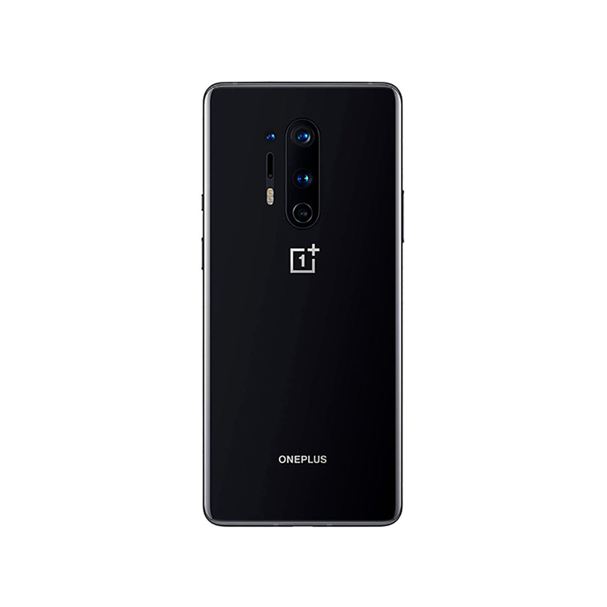 L'arrière d'un smartphone OnePlus noir, doté d'un triple appareil photo vertical et d'un logo centré sur fond blanc.