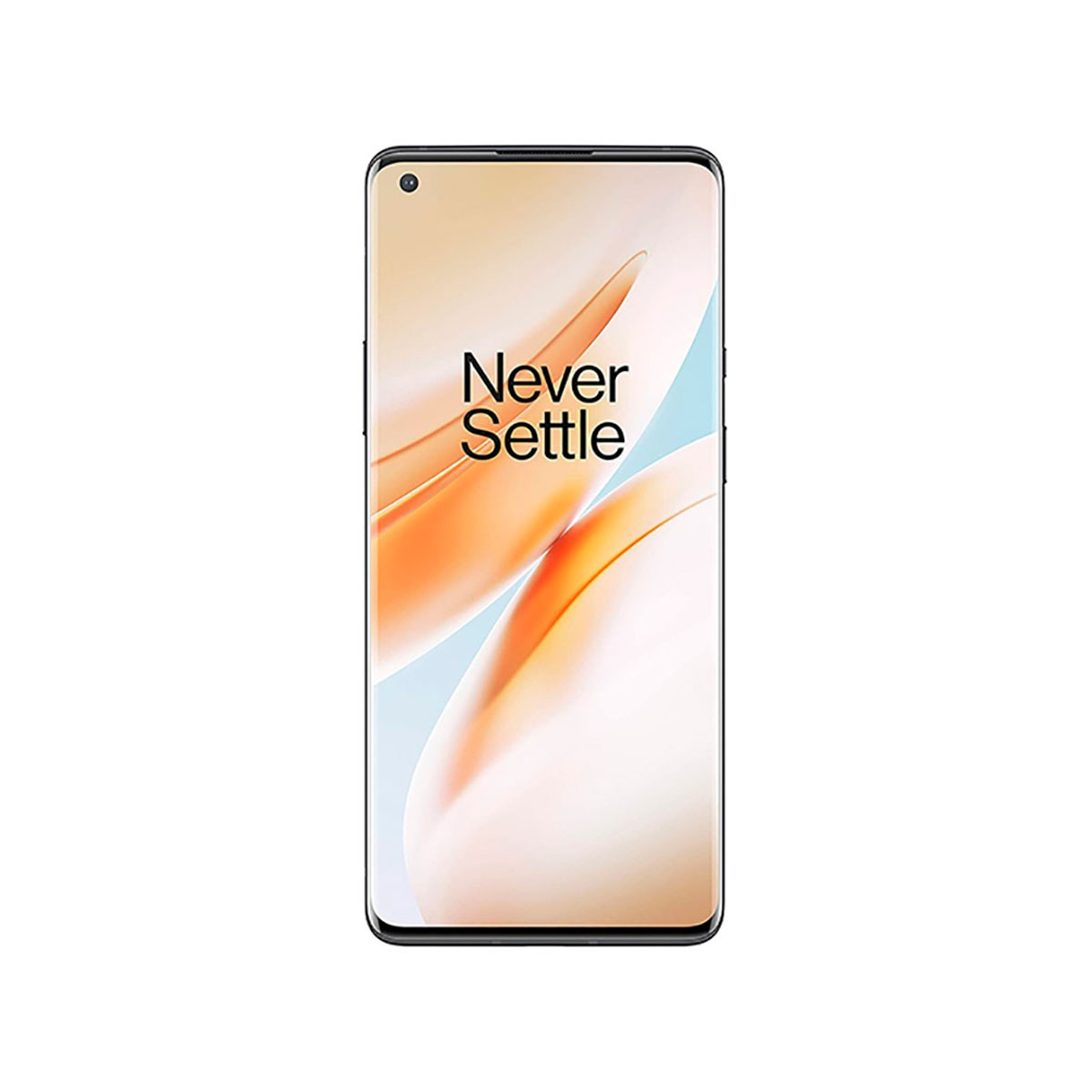 Un smartphone à écran incurvé affiche le texte Never Settle sur un fond orange et blanc.