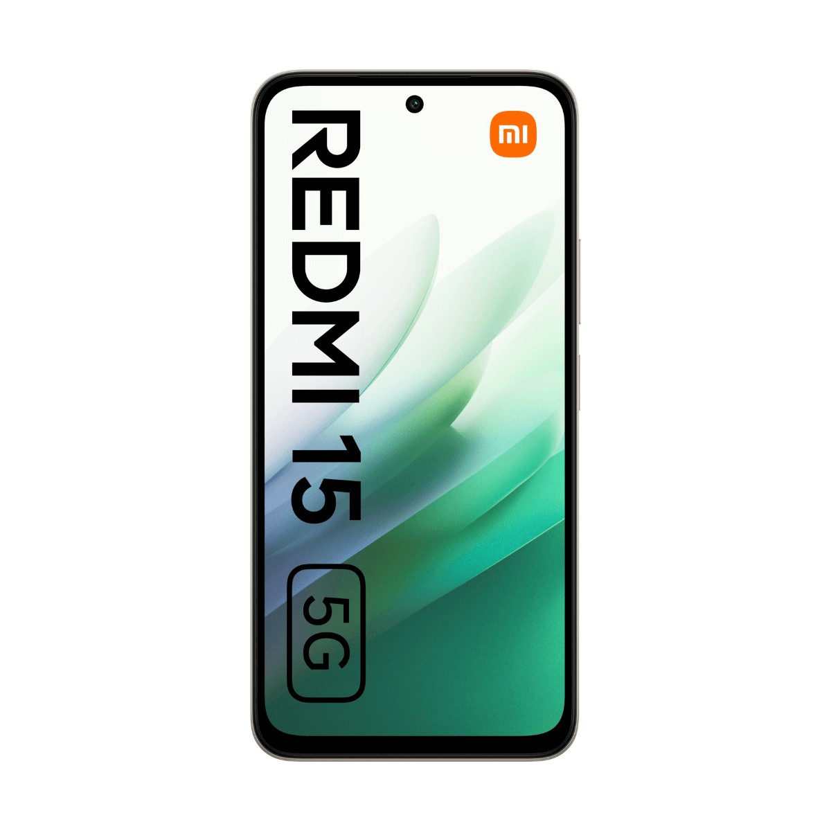 Vista frontale di uno smartphone con la scritta Redmi 15 5G sullo schermo e grafica di sfondo verde e bianca.