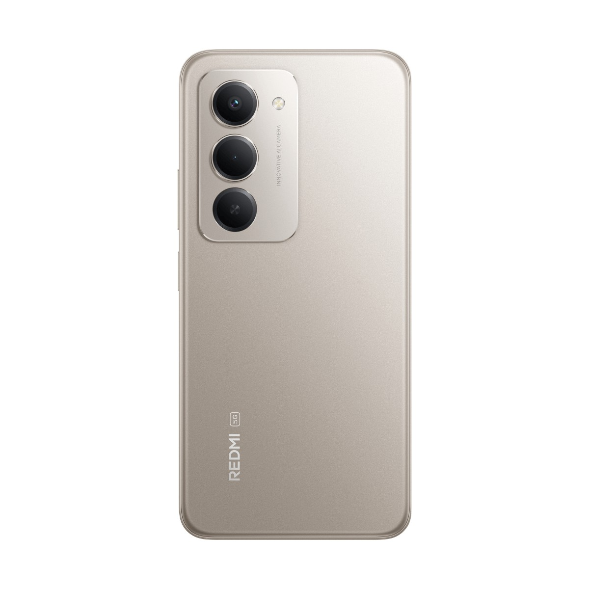 Retro di uno smartphone Redmi 5G beige con modulo a tripla fotocamera verticale.