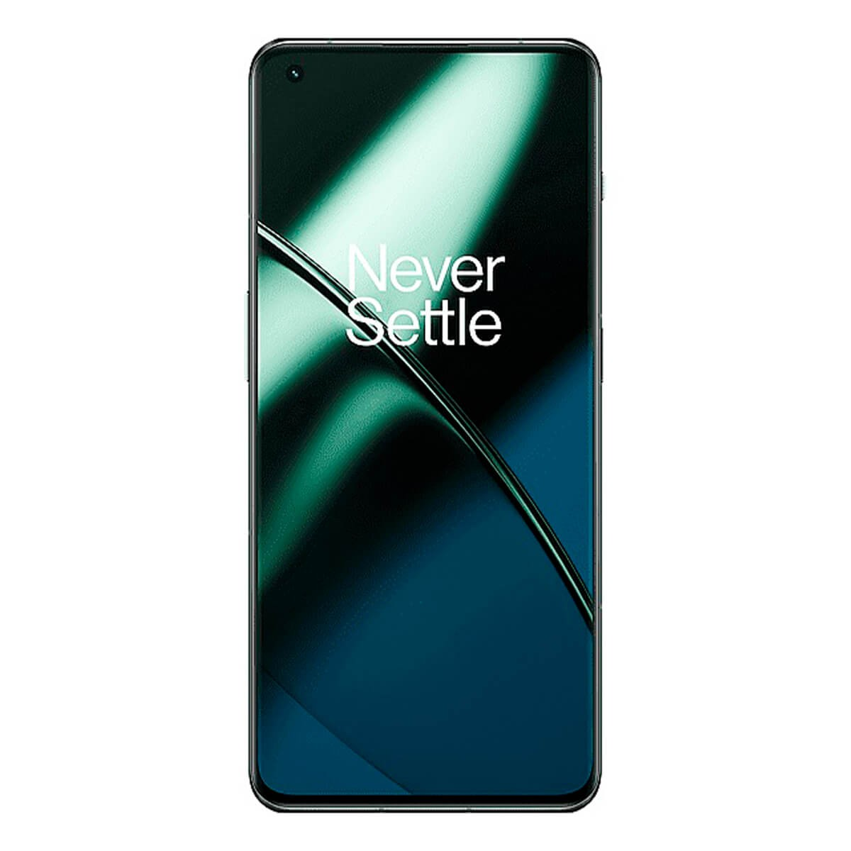 Ein Smartphone mit dunklem Rahmen zeigt ein grünes Display mit dem Text Never Settle.