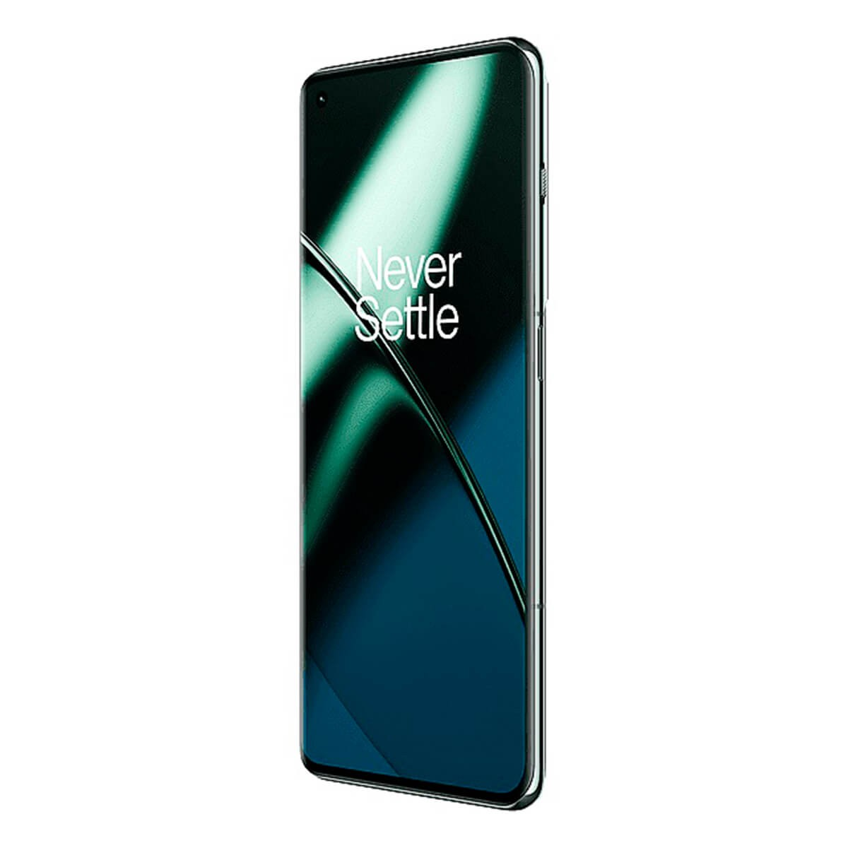 Ein Smartphone mit schwarzem Rahmen und grünem Bildschirm, auf dem 'Never Settle' steht.