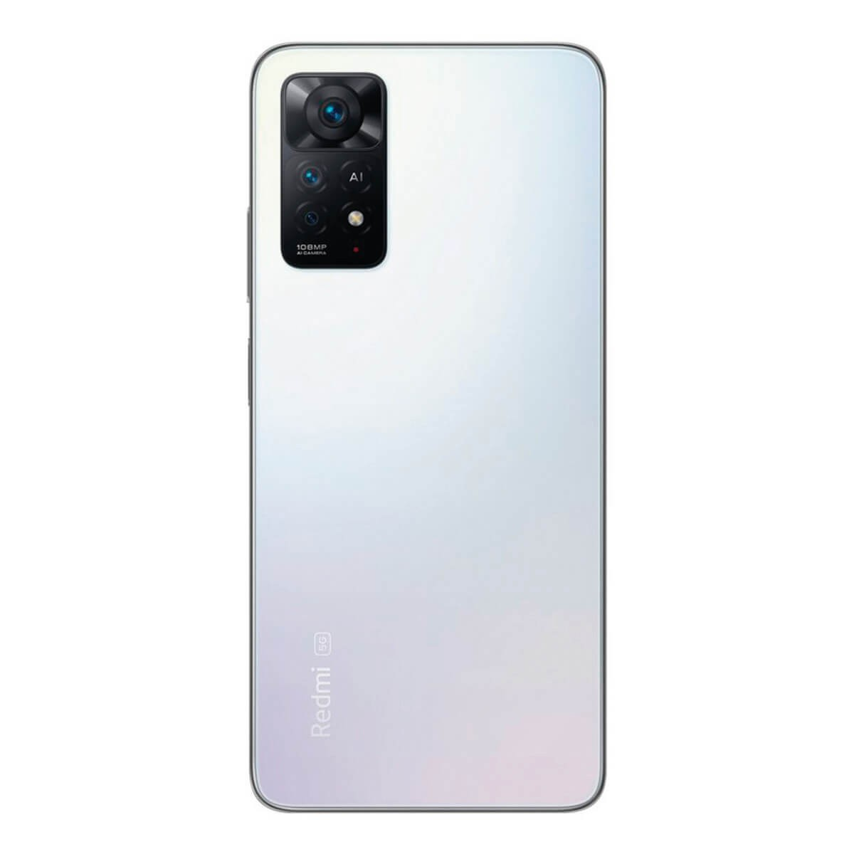 Rückseite eines weißen Redmi 5G Smartphones mit Vierfachkamera.