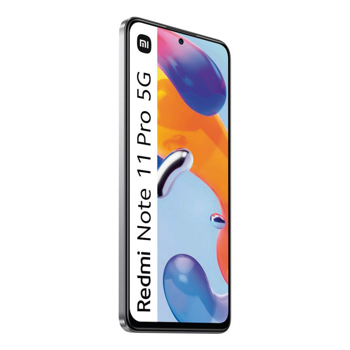 Ein Redmi Note 11 Pro 5G Smartphone in einer Metallhülle mit buntem Display.