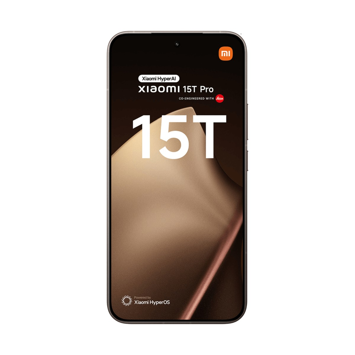 Vista frontale dello smartphone Xiaomi 15T Pro con il testo 15T e il logo Xiaomi sullo schermo.