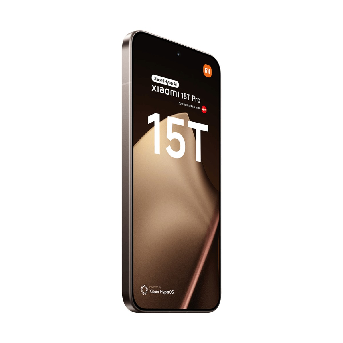 Uno smartphone Xiaomi 15T Pro inclinato su sfondo bianco con testo promozionale sullo schermo.